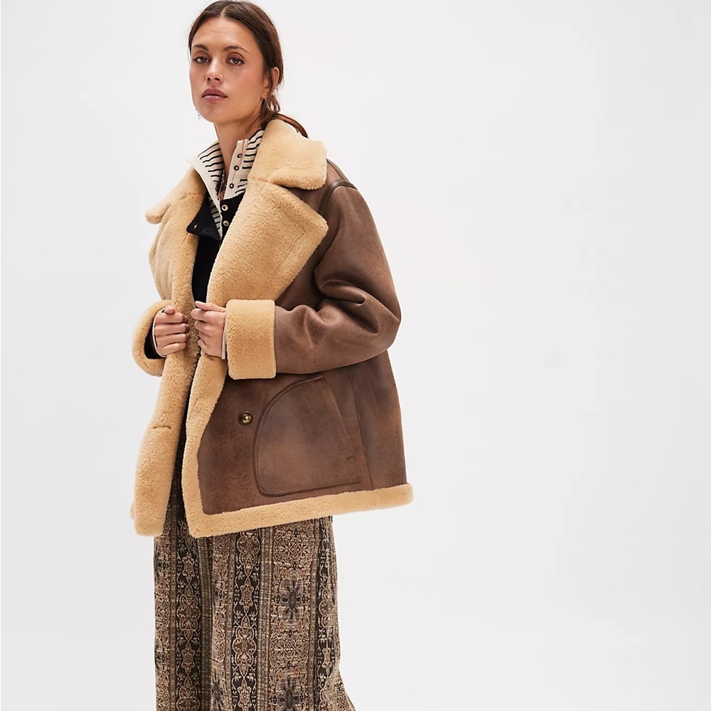 Free People Tan and Cream Teddy Jacket